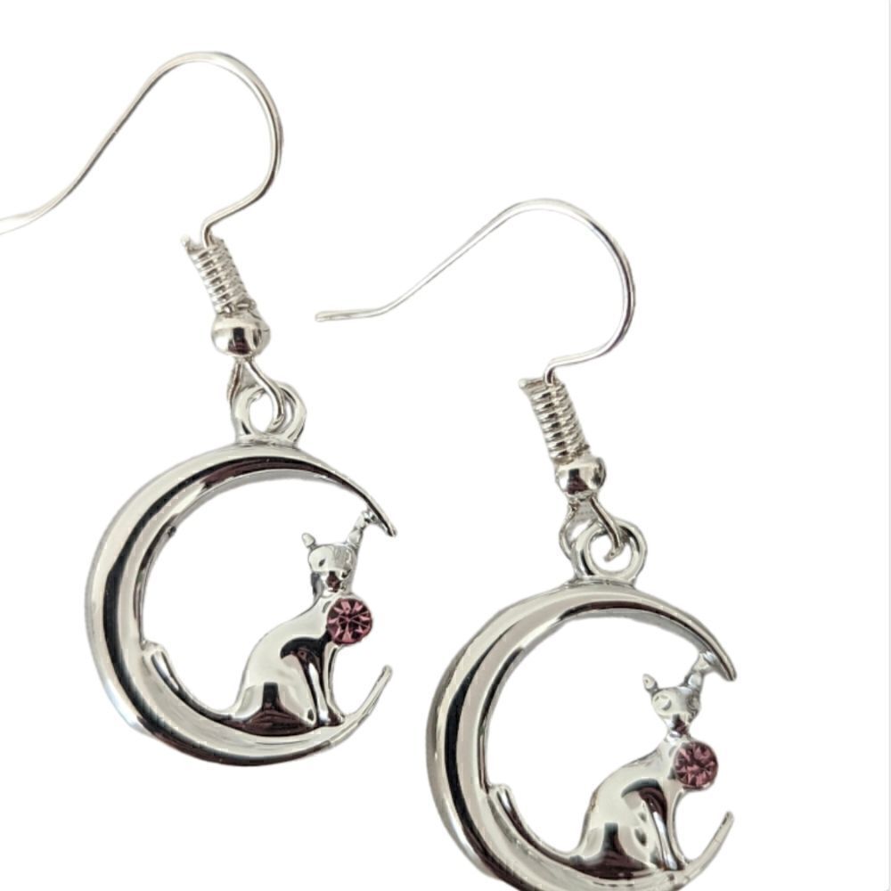 Cat Crescent Moon Pink Rhinestone Earrings